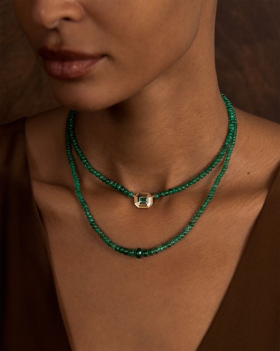 Jewelry Azlee | Rich Emerald Bead Necklace 18K Yellow Gold