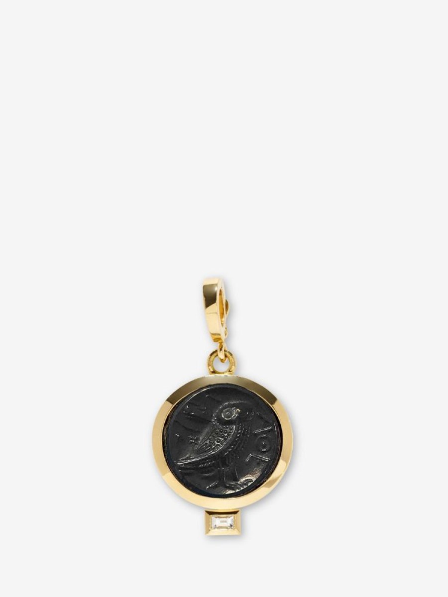 Jewelry Azlee | Owl Of Athena Venetian Black Glass Coin Charm With Baguette Diamond