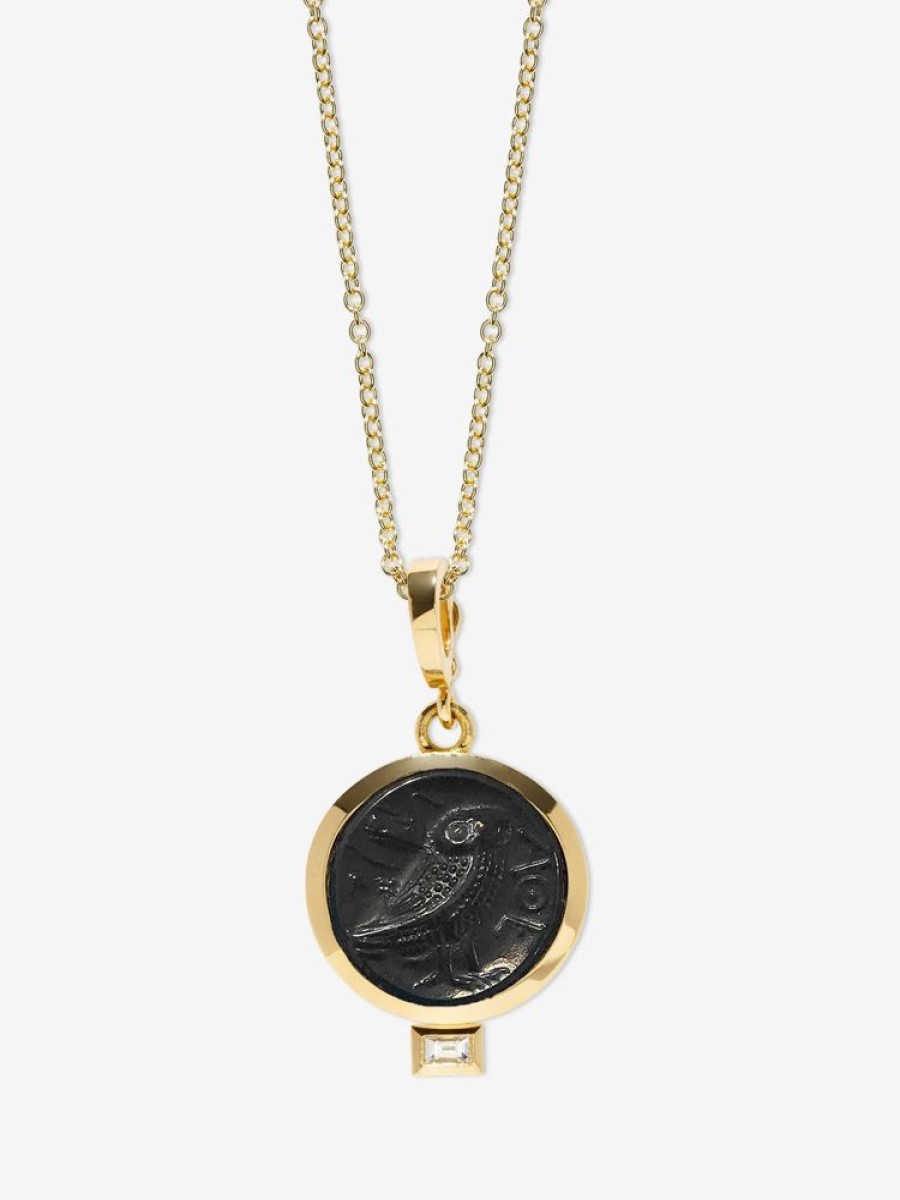 Jewelry Azlee | Owl Of Athena Venetian Black Glass Coin Charm With Baguette Diamond