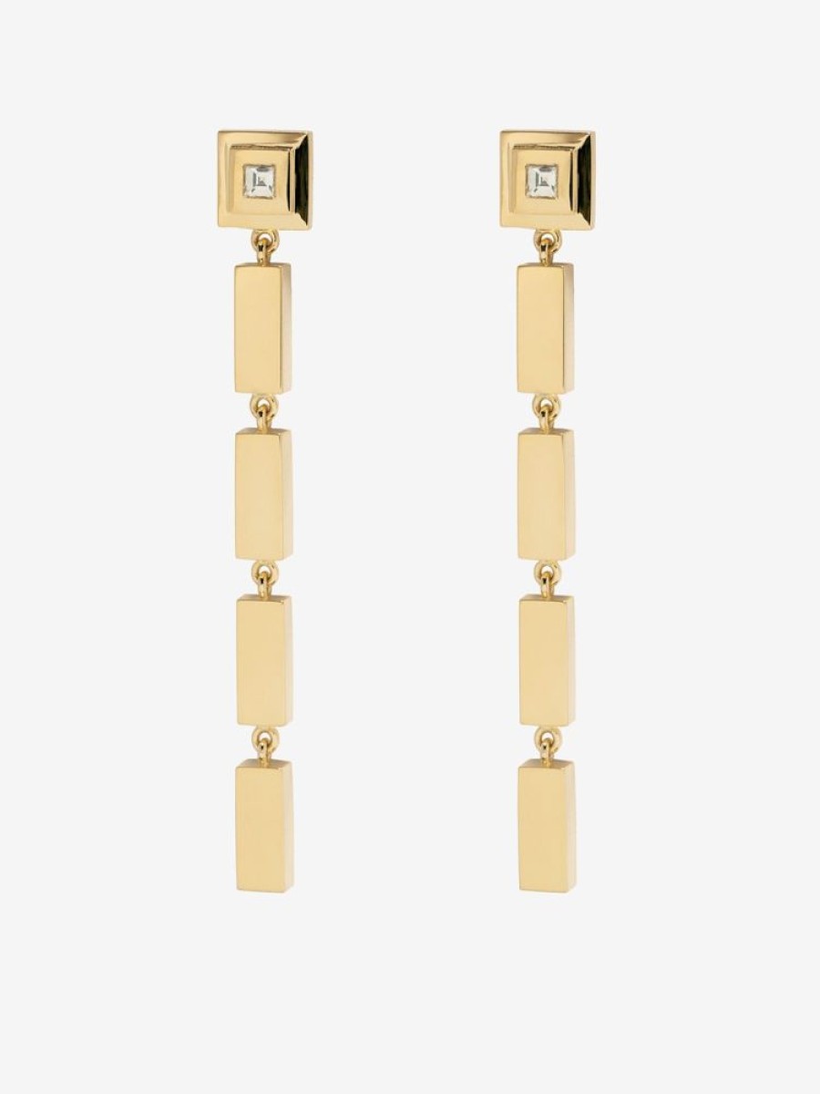 Jewelry Azlee | Gold Bar And Carre Diamond Staircase Drop Earrings