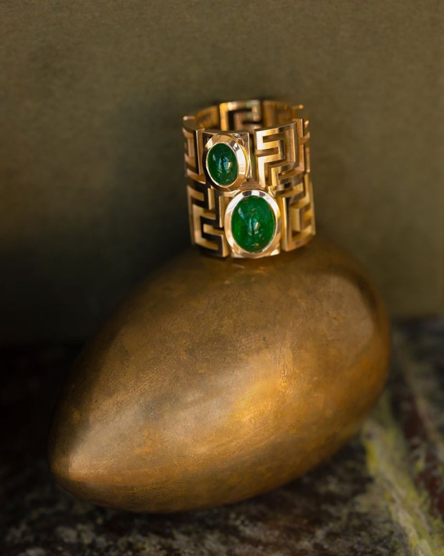 Jewelry Azlee | Greek Pattern Emerald Ring - Medium