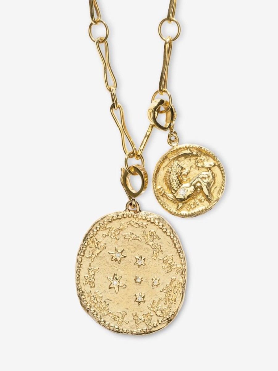 Jewelry Azlee | Large Zodiac And Small Lion And Dolphin Modern Charm Necklace 18K Yellow Gold