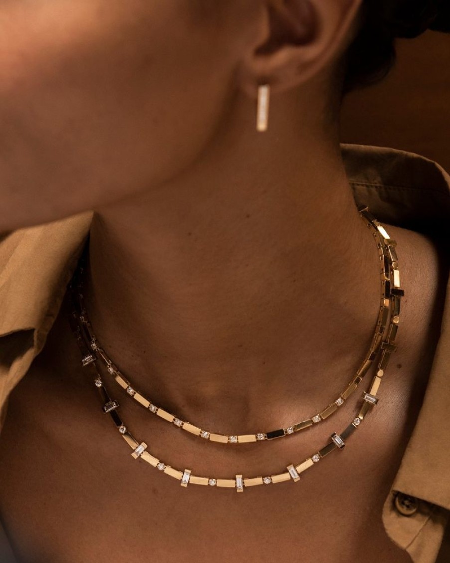 Jewelry Azlee | Gold Bar And Diamond Tennis Necklace